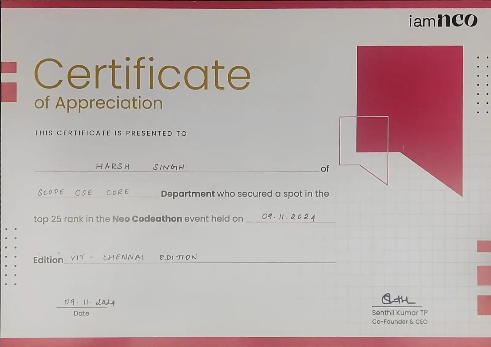 Neo Codeathon — Top 25 Recognition